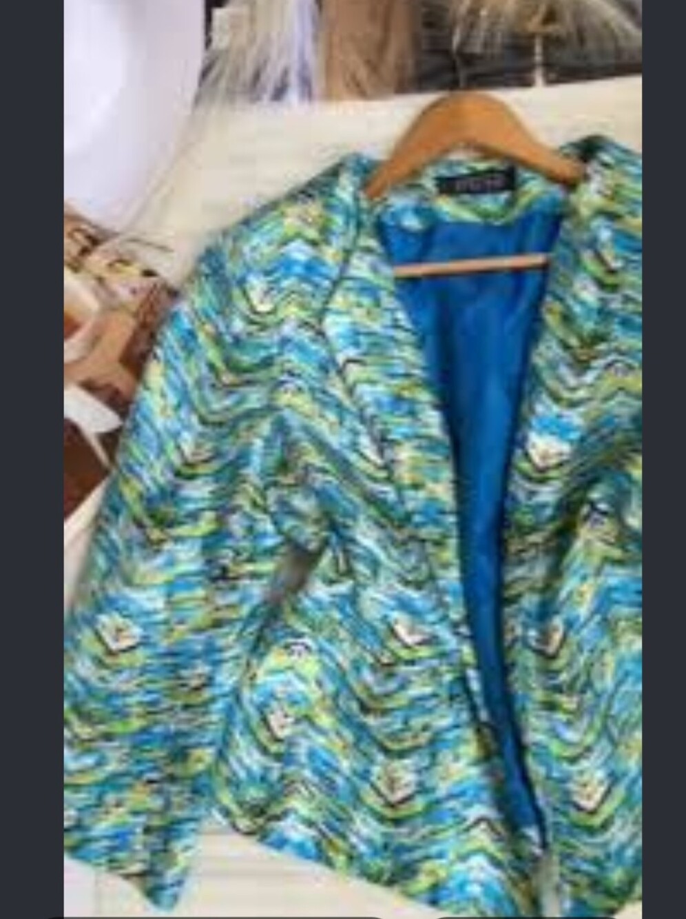 Kasper Open Front Blazer L/XL Blue/Green Chevron Abstract Jacquard Topper Jacket